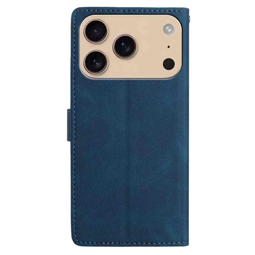 For iPhone 17 Pro Max Case Imprinted Feather PU Leather Wallet Phone Cover with Wrist Strap - Dark Blue