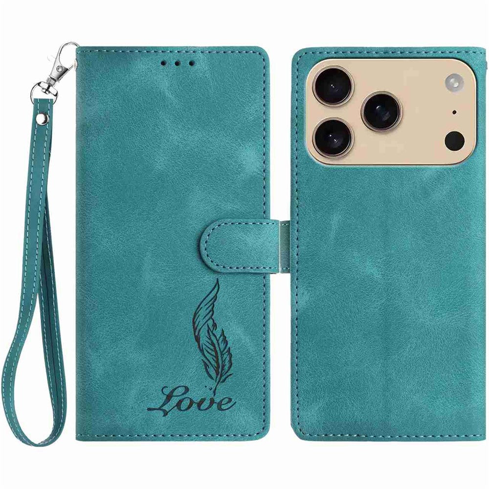 For iPhone 17 Pro Max Case Imprinted Feather PU Leather Wallet Phone Cover with Wrist Strap - Green