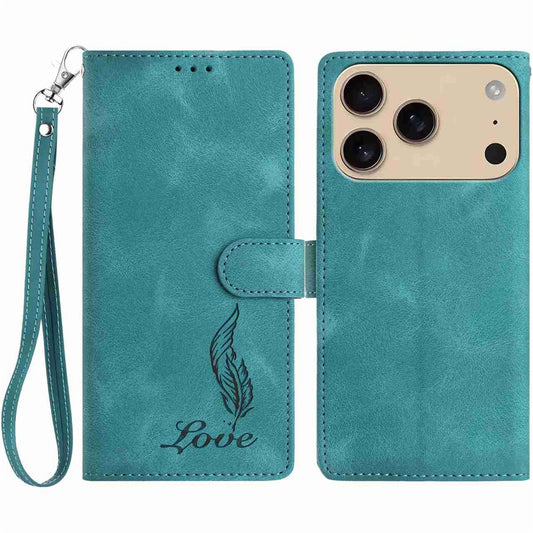 For iPhone 17 Pro Max Case Imprinted Feather PU Leather Wallet Phone Cover with Wrist Strap - Green