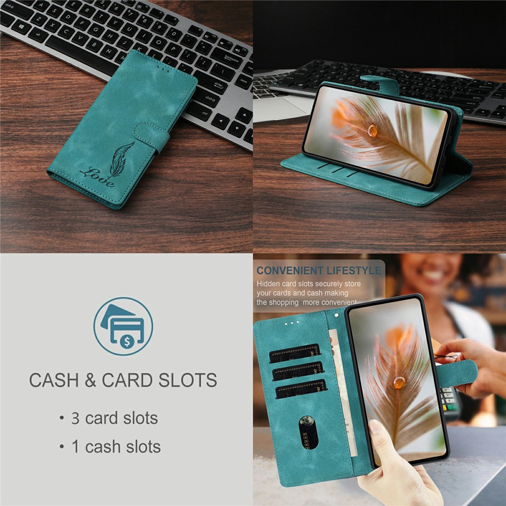 For iPhone 17 Pro Max Case Imprinted Feather PU Leather Wallet Phone Cover with Wrist Strap - Green