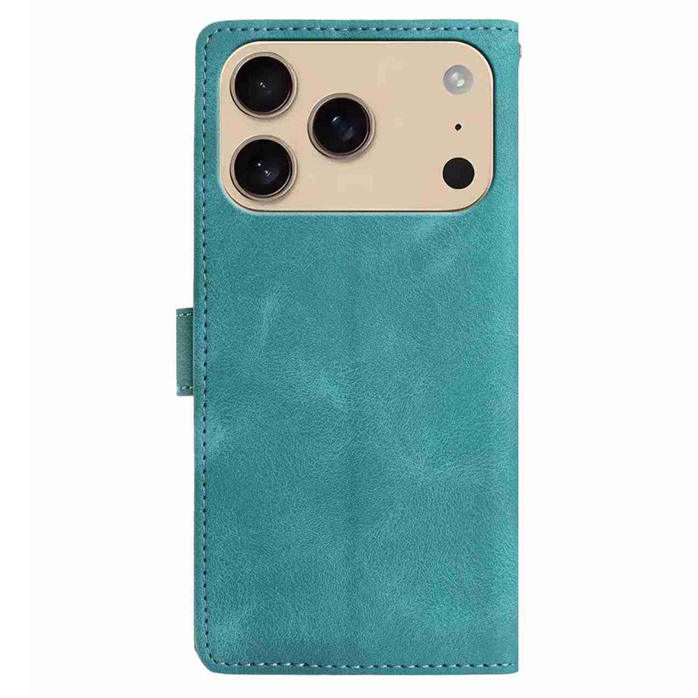 For iPhone 17 Pro Max Case Imprinted Feather PU Leather Wallet Phone Cover with Wrist Strap - Green