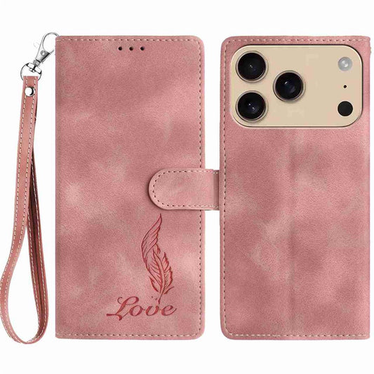 For iPhone 17 Pro Max Case Imprinted Feather PU Leather Wallet Phone Cover with Wrist Strap - Pink