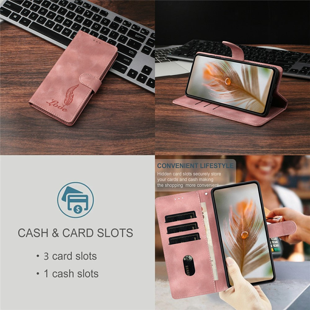 For iPhone 17 Pro Max Case Imprinted Feather PU Leather Wallet Phone Cover with Wrist Strap - Pink