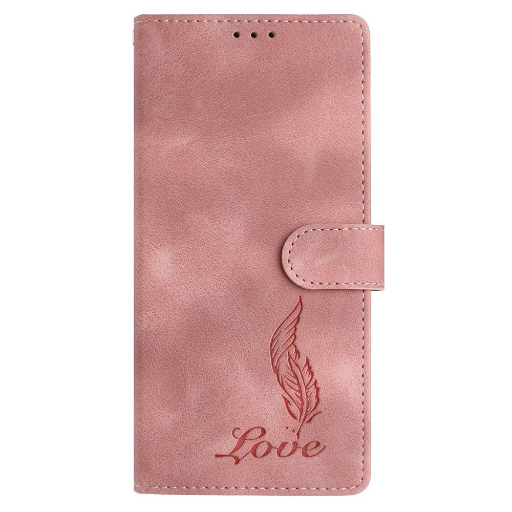 For iPhone 17 Pro Max Case Imprinted Feather PU Leather Wallet Phone Cover with Wrist Strap - Pink