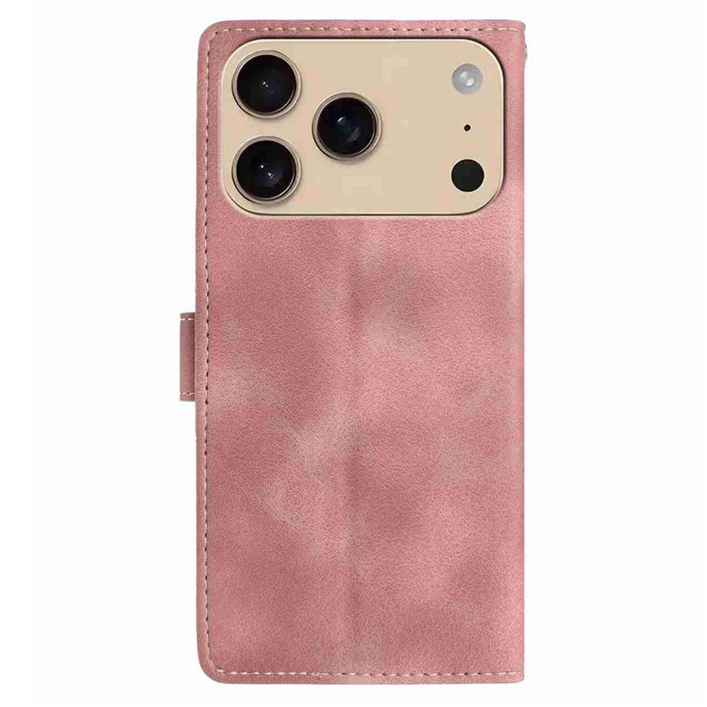 For iPhone 17 Pro Max Case Imprinted Feather PU Leather Wallet Phone Cover with Wrist Strap - Pink