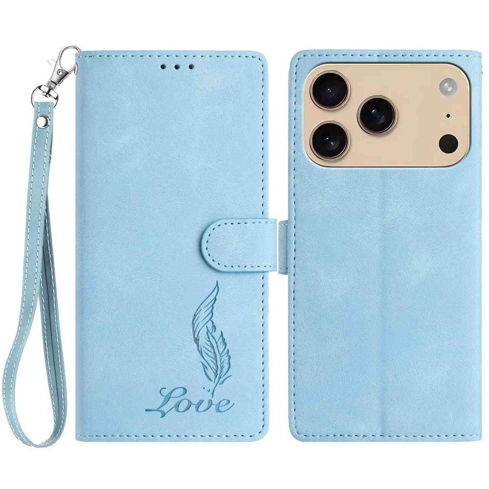 For iPhone 17 Pro Max Case Imprinted Feather PU Leather Wallet Phone Cover with Wrist Strap - Sky Blue