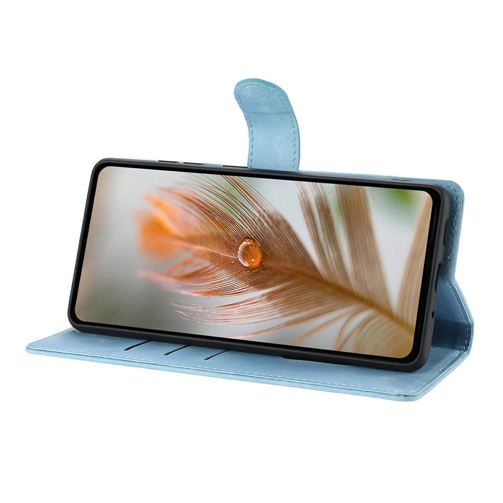 For iPhone 17 Pro Max Case Imprinted Feather PU Leather Wallet Phone Cover with Wrist Strap - Sky Blue