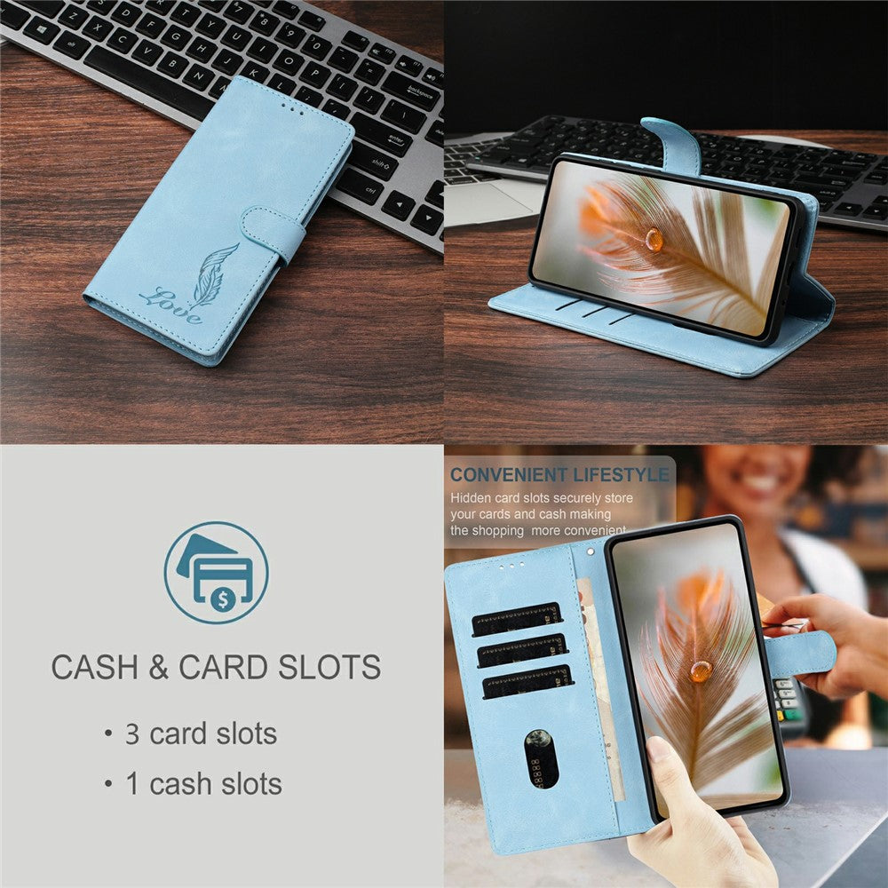 For iPhone 17 Pro Max Case Imprinted Feather PU Leather Wallet Phone Cover with Wrist Strap - Sky Blue
