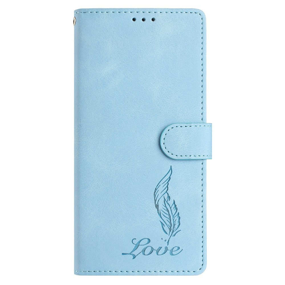 For iPhone 17 Pro Max Case Imprinted Feather PU Leather Wallet Phone Cover with Wrist Strap - Sky Blue