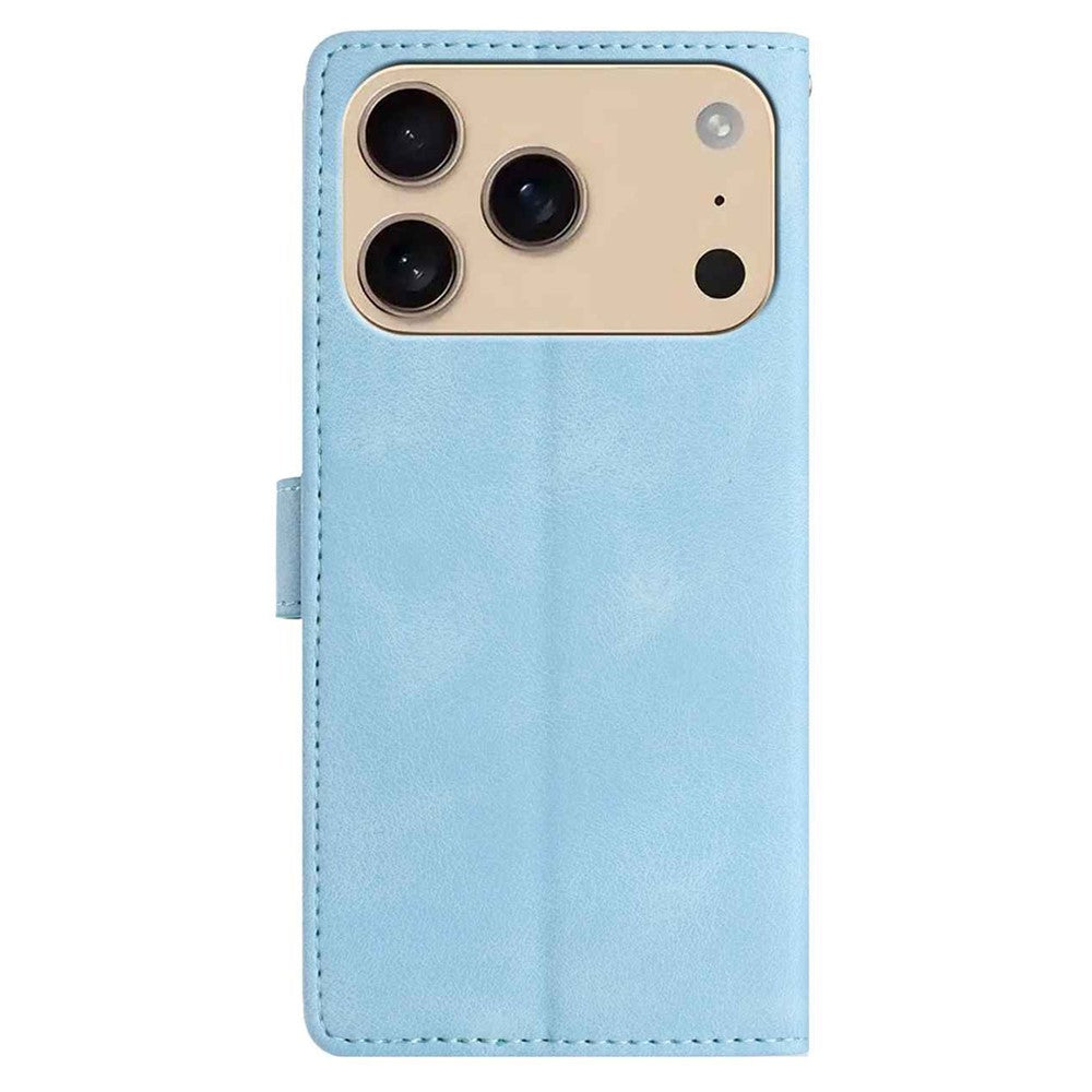 For iPhone 17 Pro Max Case Imprinted Feather PU Leather Wallet Phone Cover with Wrist Strap - Sky Blue