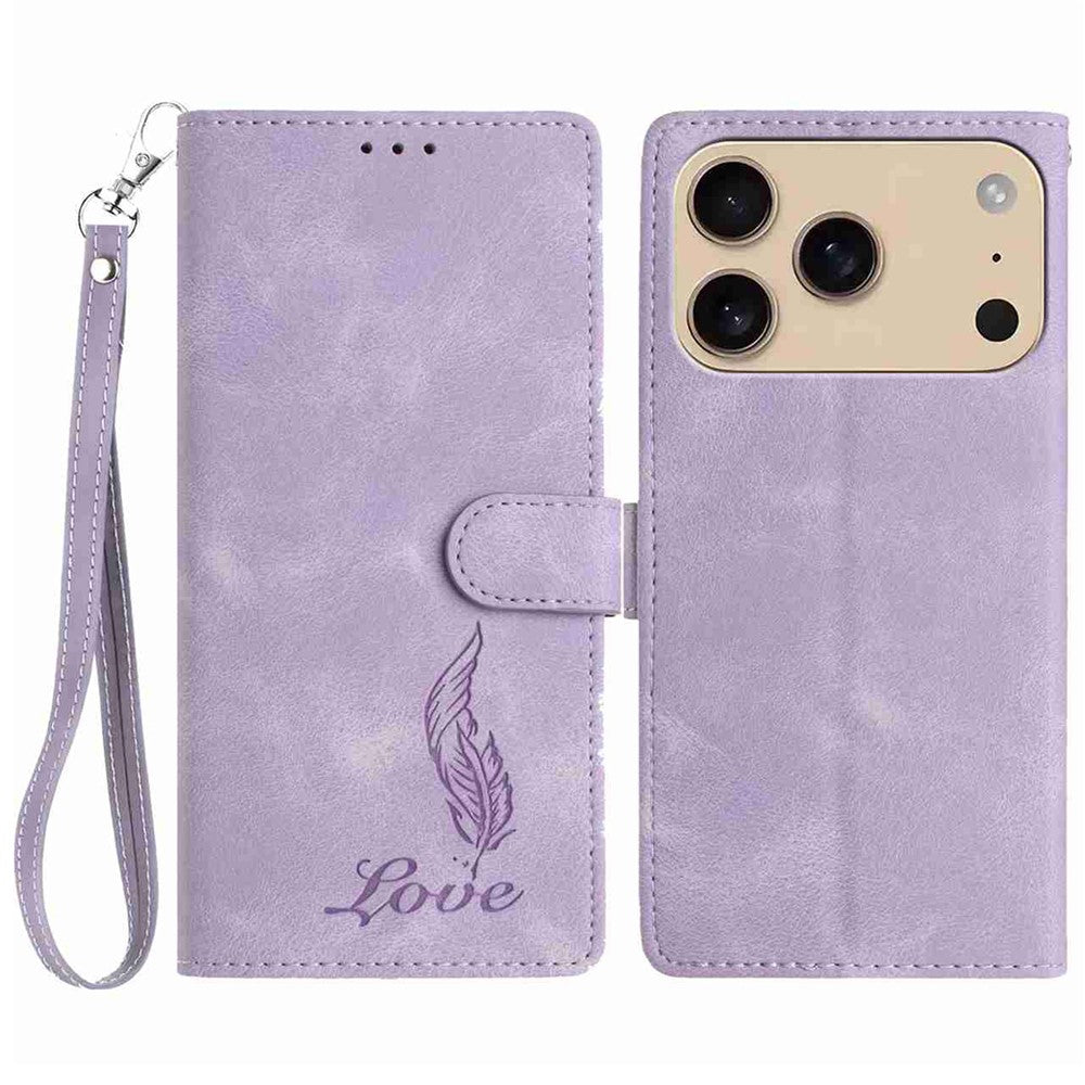 For iPhone 17 Pro Max Case Imprinted Feather PU Leather Wallet Phone Cover with Wrist Strap - Purple