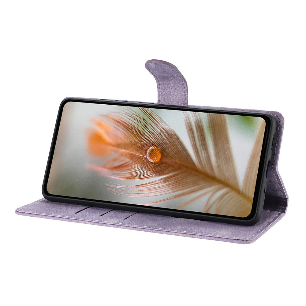 For iPhone 17 Pro Max Case Imprinted Feather PU Leather Wallet Phone Cover with Wrist Strap - Purple