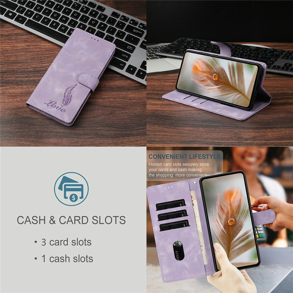 For iPhone 17 Pro Max Case Imprinted Feather PU Leather Wallet Phone Cover with Wrist Strap - Purple