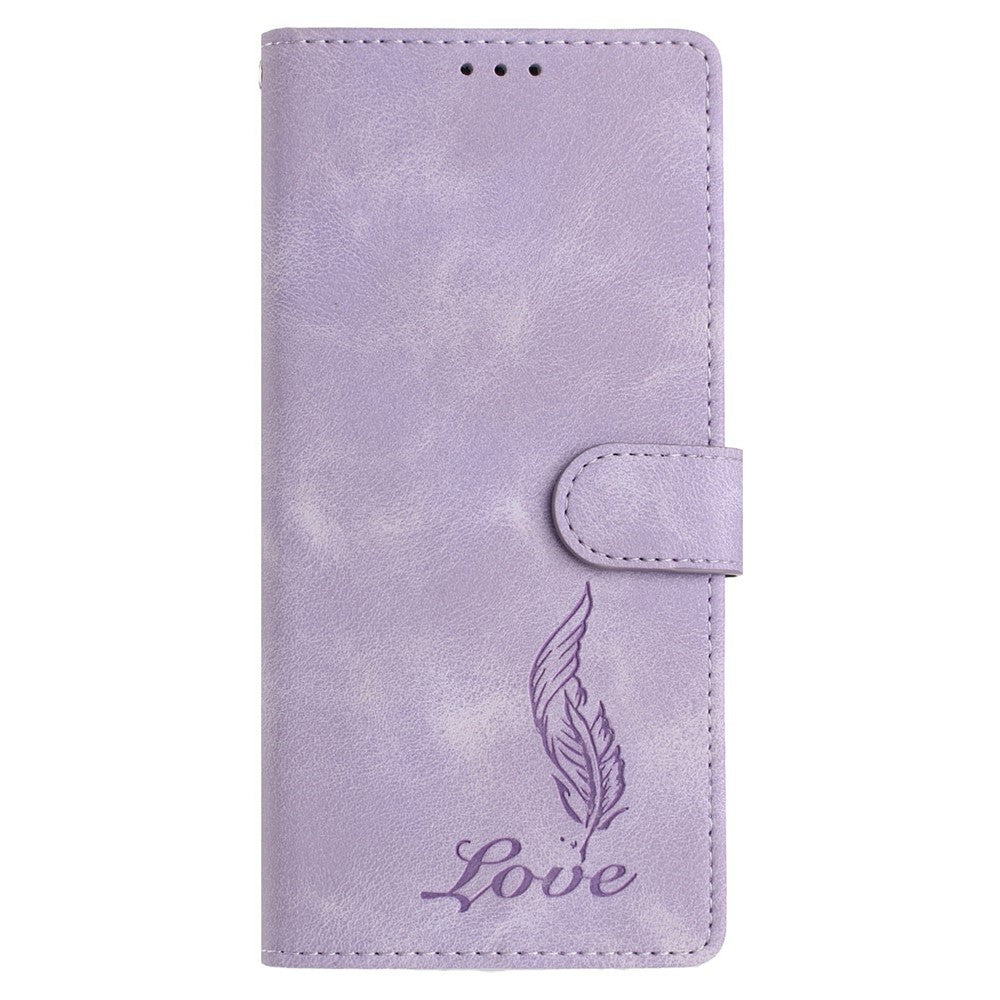 For iPhone 17 Pro Max Case Imprinted Feather PU Leather Wallet Phone Cover with Wrist Strap - Purple