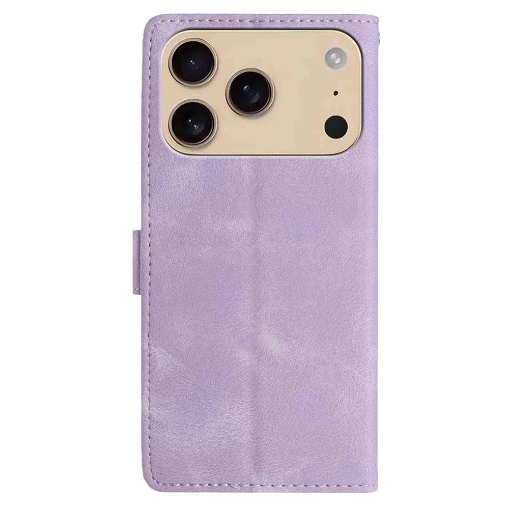 For iPhone 17 Pro Max Case Imprinted Feather PU Leather Wallet Phone Cover with Wrist Strap - Purple