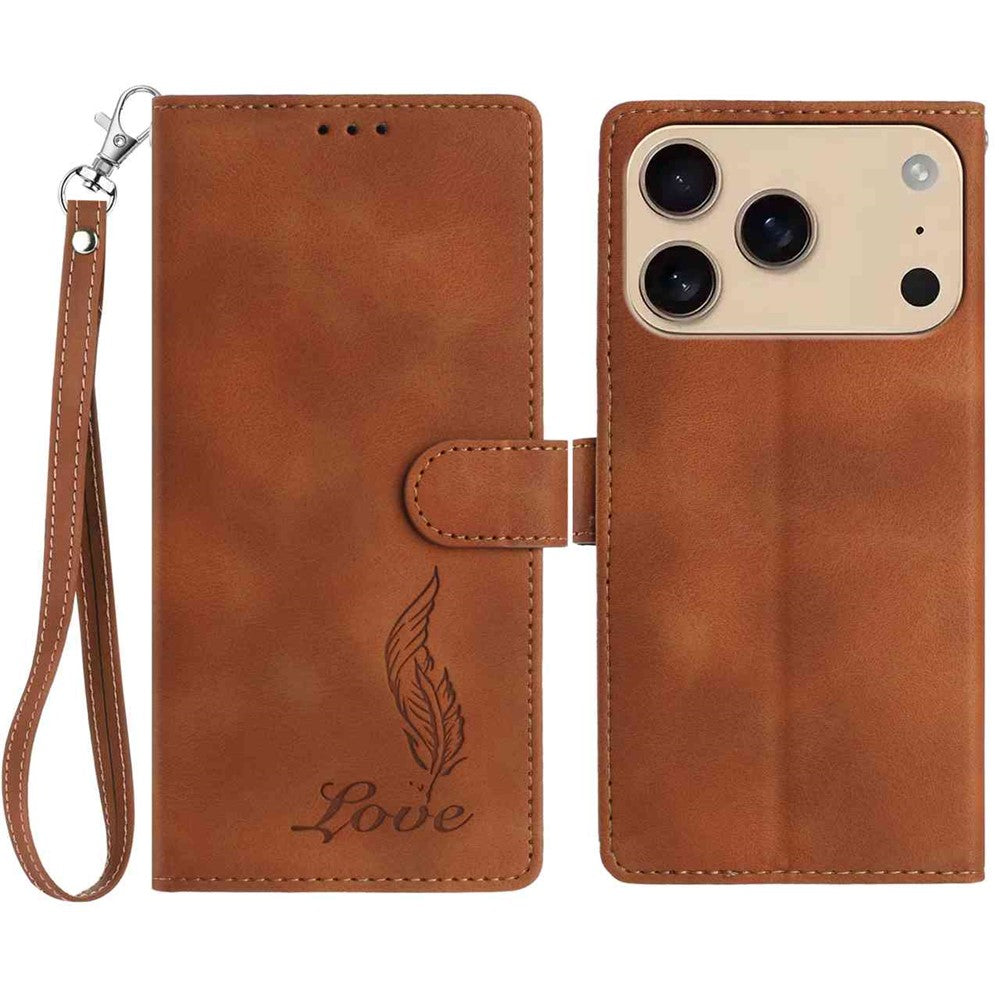 For iPhone 17 Pro Max Case Imprinted Feather PU Leather Wallet Phone Cover with Wrist Strap - Brown