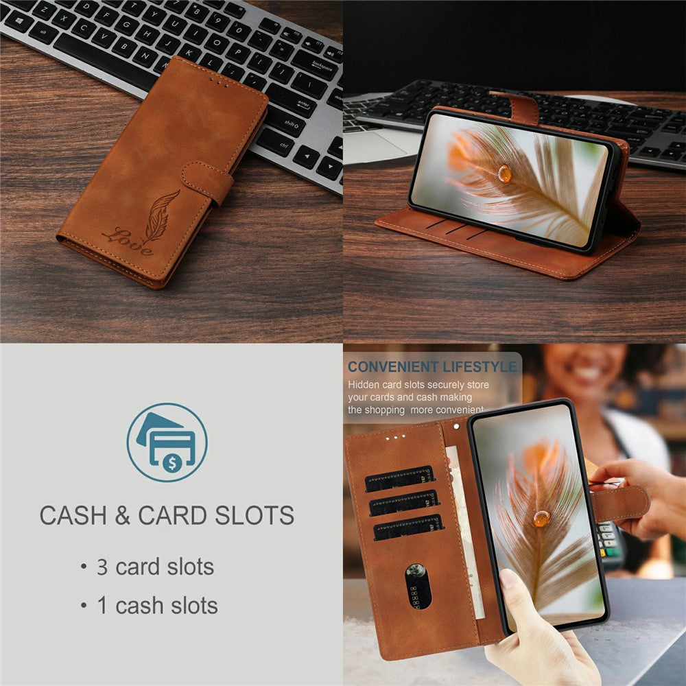 For iPhone 17 Pro Max Case Imprinted Feather PU Leather Wallet Phone Cover with Wrist Strap - Brown