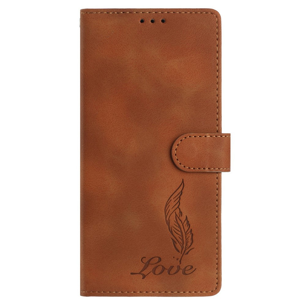 For iPhone 17 Pro Max Case Imprinted Feather PU Leather Wallet Phone Cover with Wrist Strap - Brown