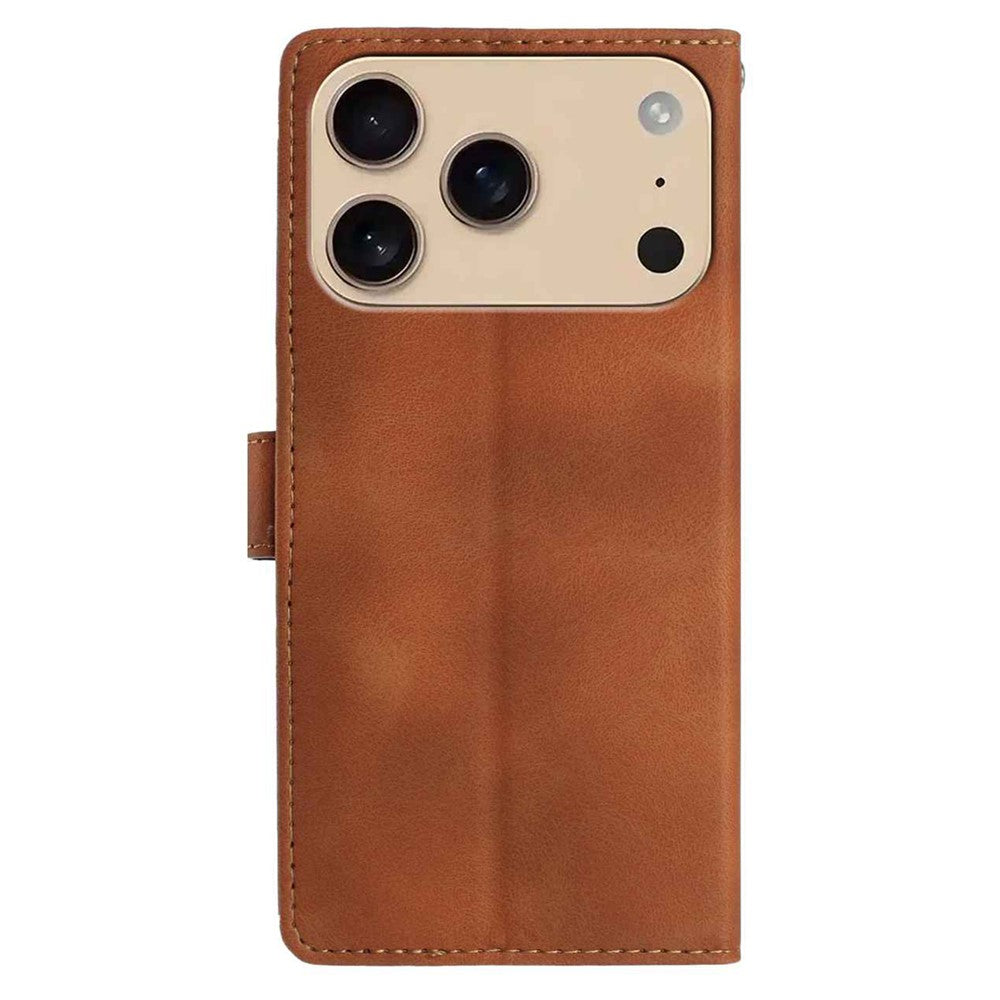 For iPhone 17 Pro Max Case Imprinted Feather PU Leather Wallet Phone Cover with Wrist Strap - Brown
