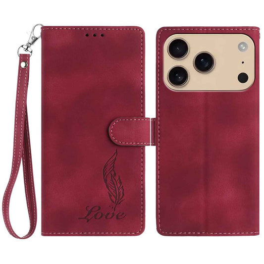 For iPhone 17 Pro Max Case Imprinted Feather PU Leather Wallet Phone Cover with Wrist Strap - Red