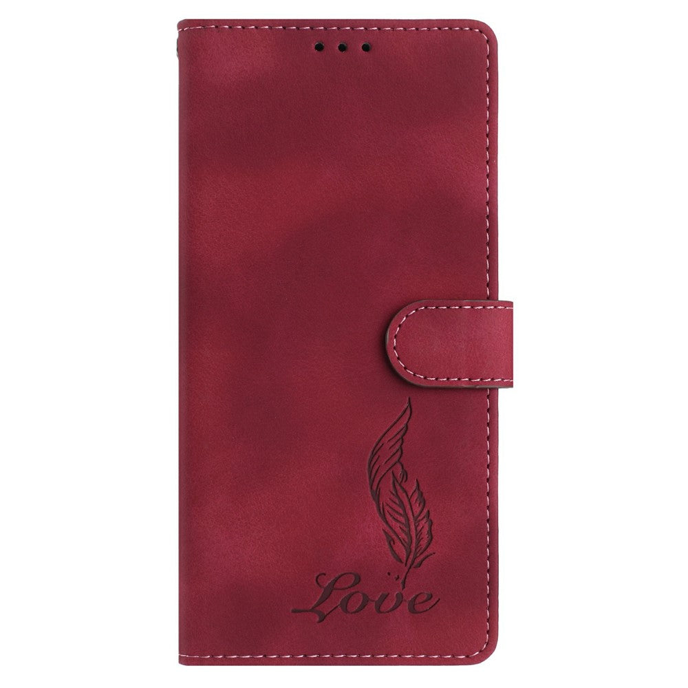 For iPhone 17 Pro Max Case Imprinted Feather PU Leather Wallet Phone Cover with Wrist Strap - Red