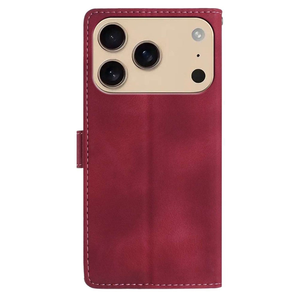 For iPhone 17 Pro Max Case Imprinted Feather PU Leather Wallet Phone Cover with Wrist Strap - Red