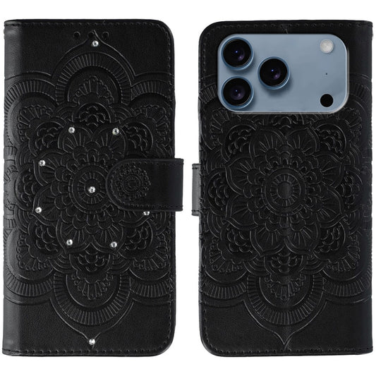 For iPhone 17 Pro Max Case Rhinestone Decor PU Leather Mandala Imprinted Design Phone Cover with Wrist Strap - Black