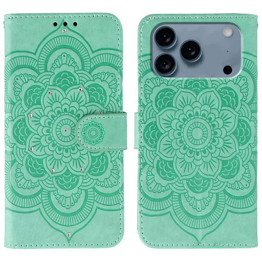 For iPhone 17 Pro Max Case Rhinestone Decor PU Leather Mandala Imprinted Design Phone Cover with Wrist Strap - Green