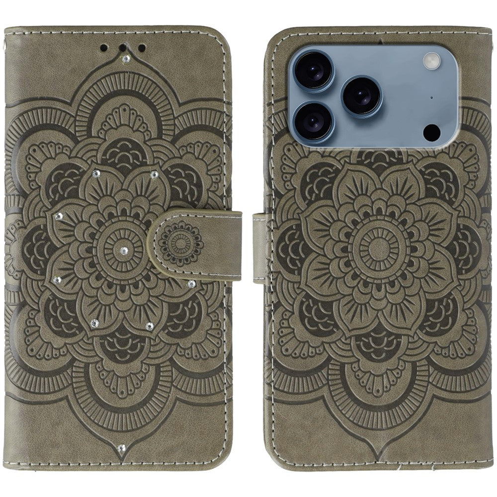 For iPhone 17 Pro Max Case Rhinestone Decor PU Leather Mandala Imprinted Design Phone Cover with Wrist Strap - Grey