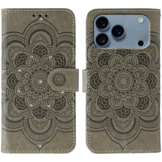 For iPhone 17 Pro Max Case Rhinestone Decor PU Leather Mandala Imprinted Design Phone Cover with Wrist Strap - Grey