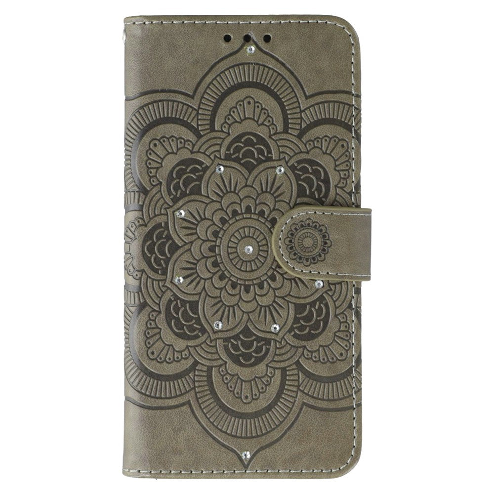 For iPhone 17 Pro Max Case Rhinestone Decor PU Leather Mandala Imprinted Design Phone Cover with Wrist Strap - Grey
