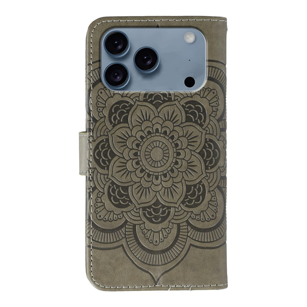 For iPhone 17 Pro Max Case Rhinestone Decor PU Leather Mandala Imprinted Design Phone Cover with Wrist Strap - Grey