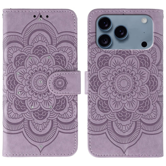 For iPhone 17 Pro Max Case Rhinestone Decor PU Leather Mandala Imprinted Design Phone Cover with Wrist Strap - Purple