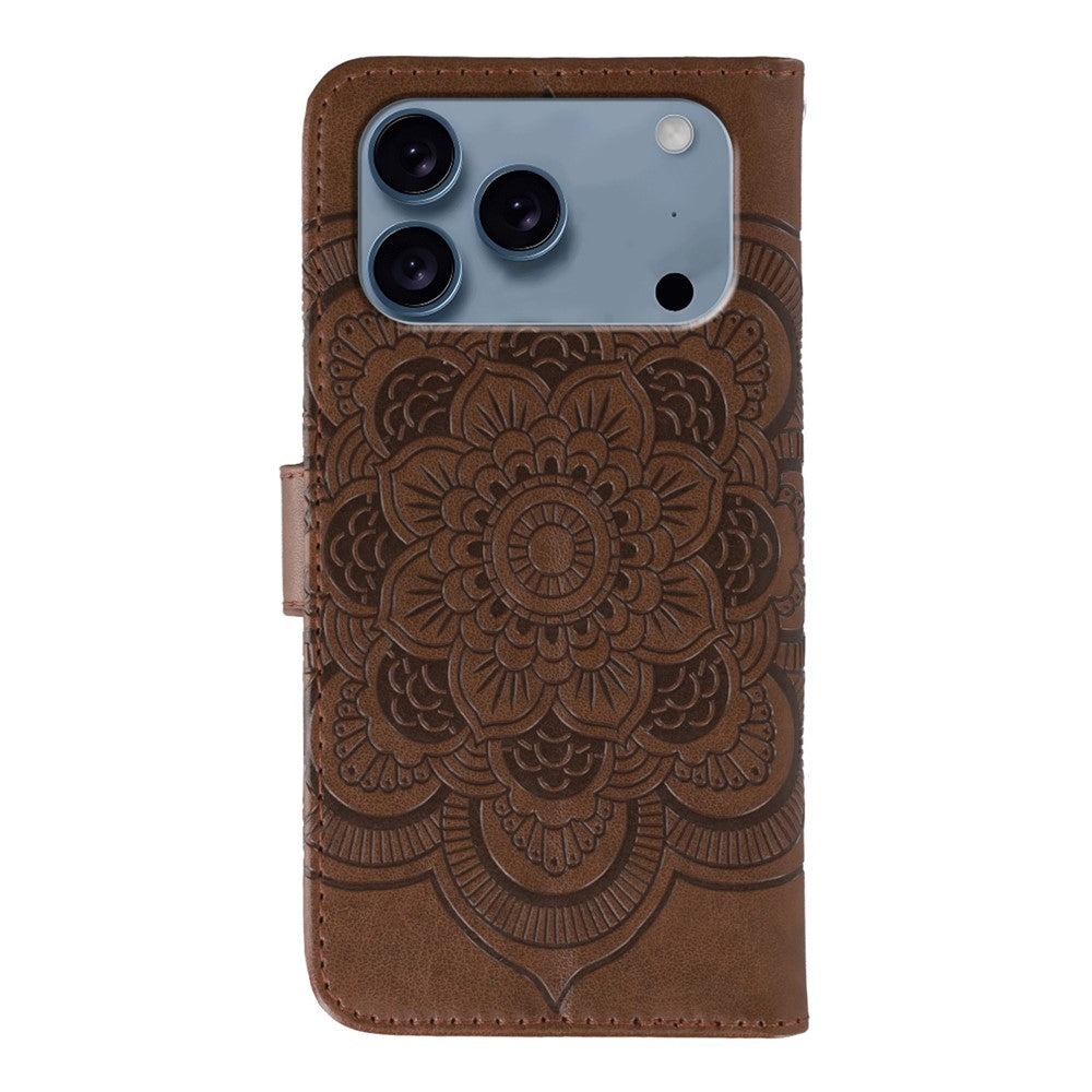 For iPhone 17 Pro Max Case Rhinestone Decor PU Leather Mandala Imprinted Design Phone Cover with Wrist Strap - Brown