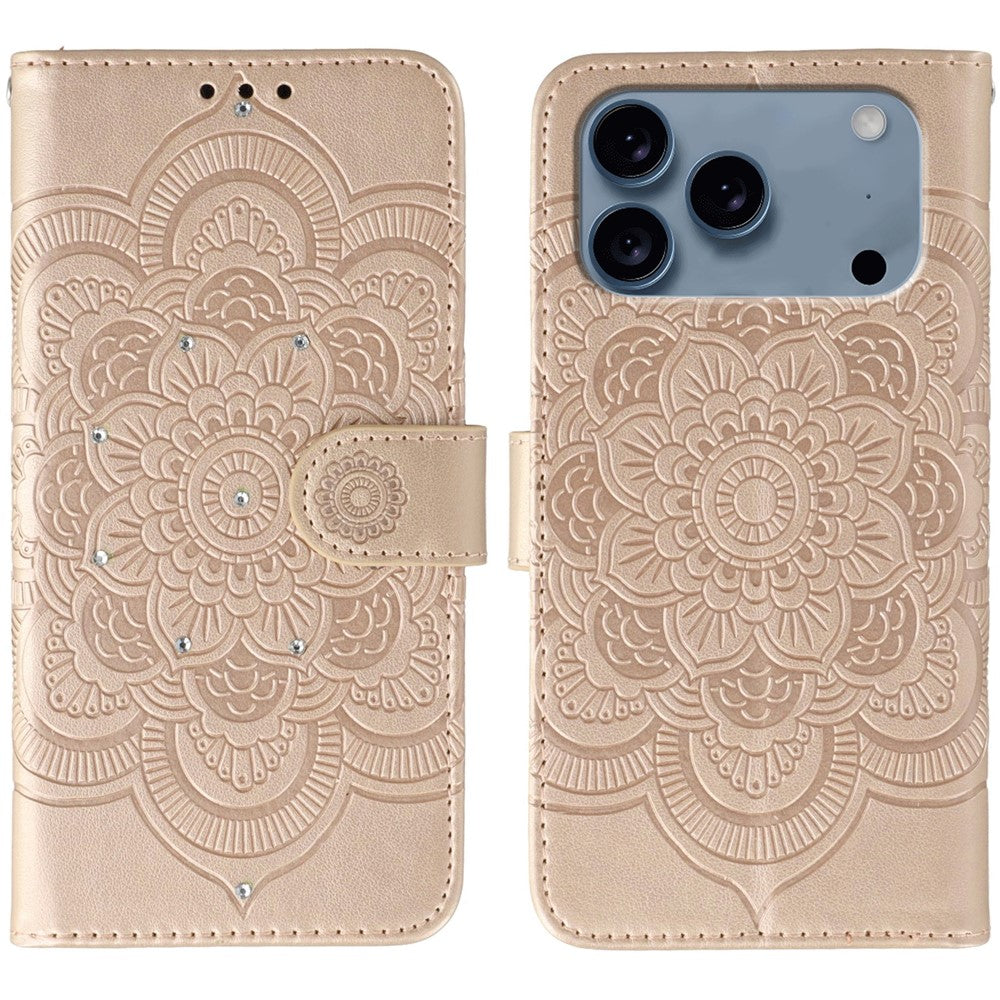 For iPhone 17 Pro Max Case Rhinestone Decor PU Leather Mandala Imprinted Design Phone Cover with Wrist Strap - Rose Gold
