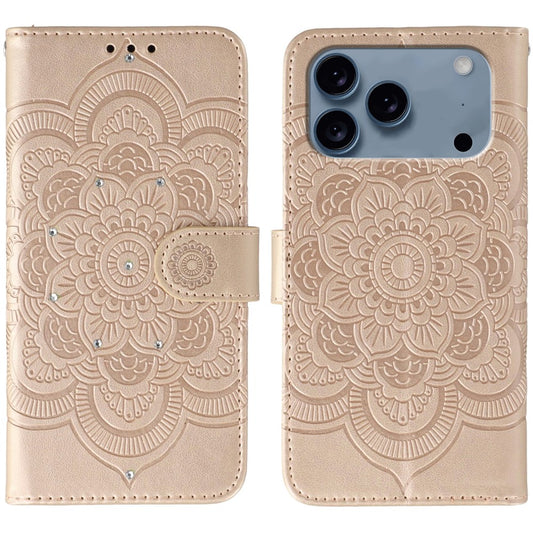 For iPhone 17 Pro Max Case Rhinestone Decor PU Leather Mandala Imprinted Design Phone Cover with Wrist Strap - Rose Gold