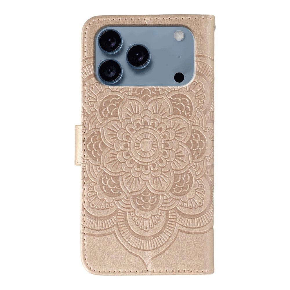 For iPhone 17 Pro Max Case Rhinestone Decor PU Leather Mandala Imprinted Design Phone Cover with Wrist Strap - Rose Gold