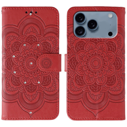 For iPhone 17 Pro Max Case Rhinestone Decor PU Leather Mandala Imprinted Design Phone Cover with Wrist Strap - Red