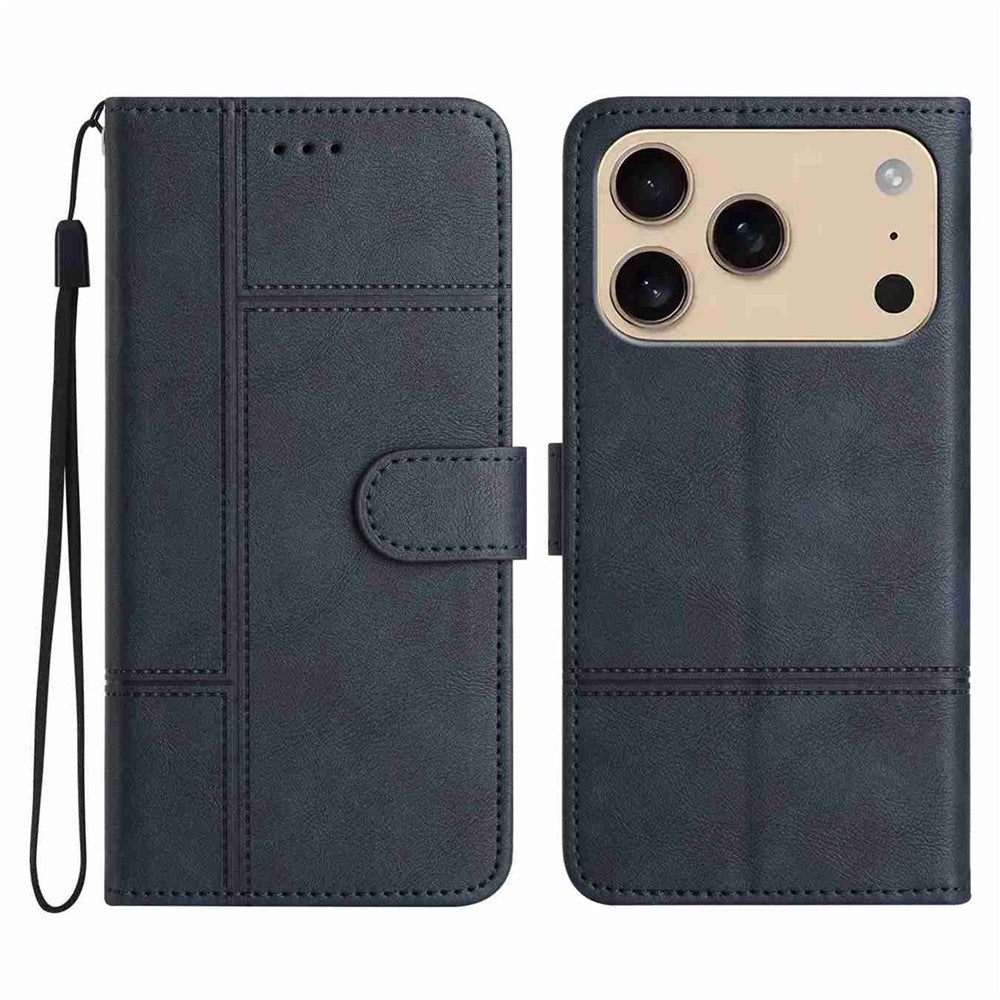 For iPhone 17 Pro Max Wallet Case Line Imprinted Cowhide Texture PU Leather Phone Cover - Blue