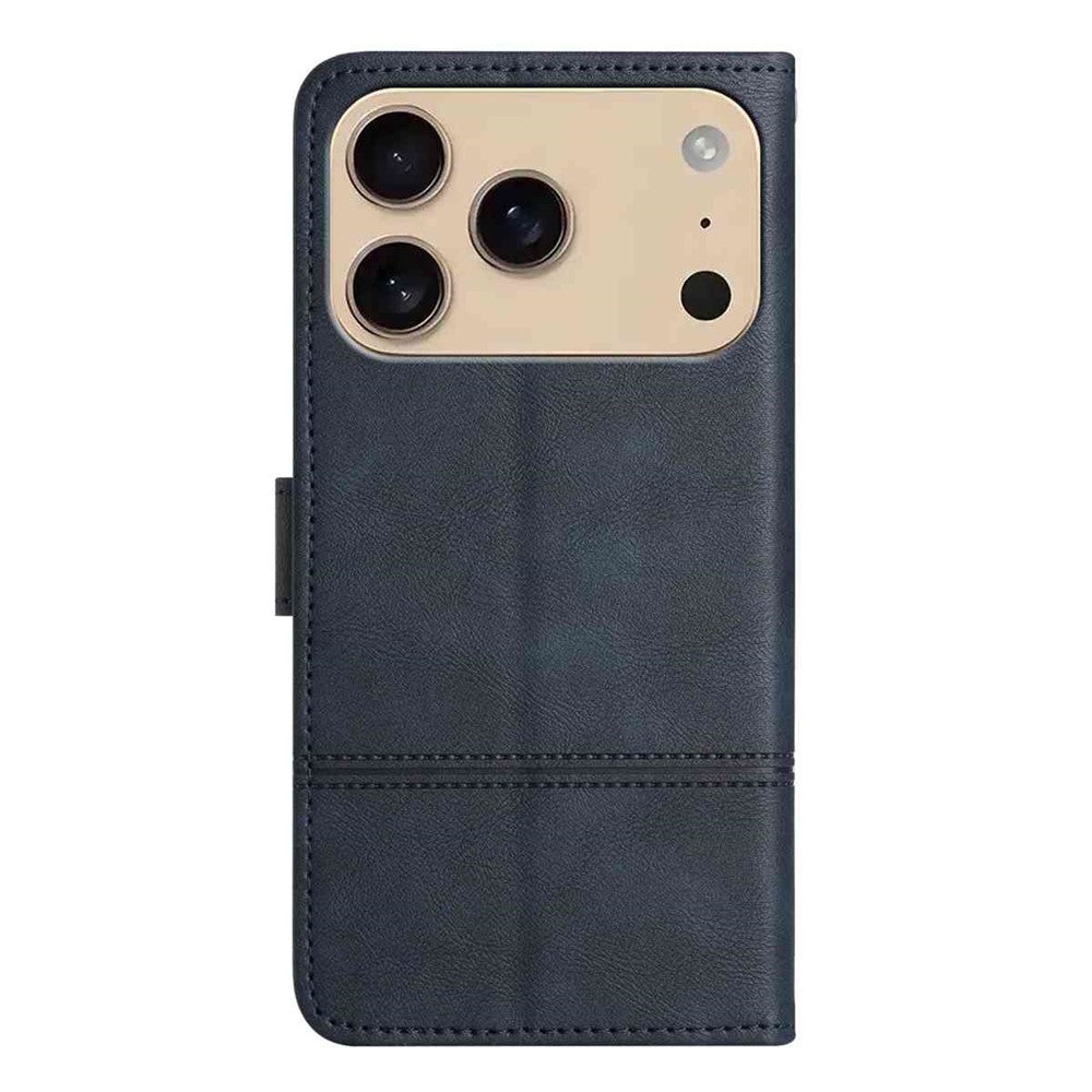 For iPhone 17 Pro Max Wallet Case Line Imprinted Cowhide Texture PU Leather Phone Cover - Blue