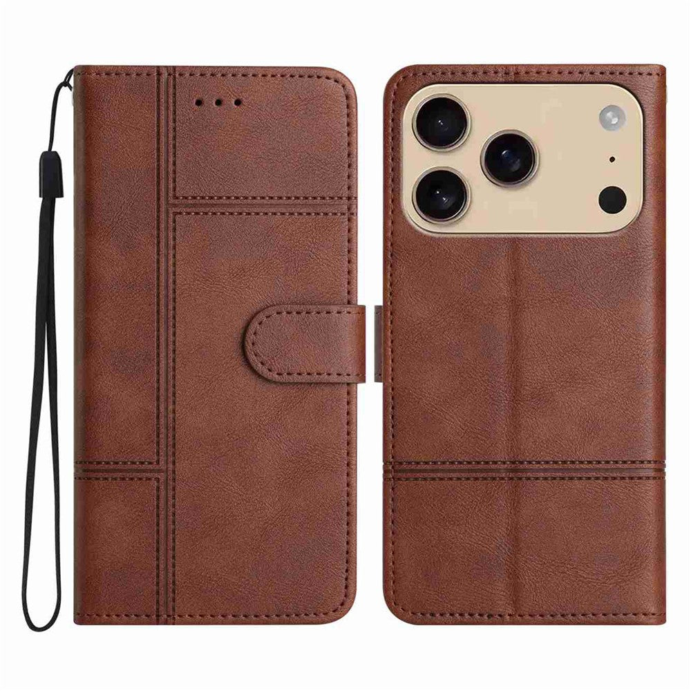 For iPhone 17 Pro Max Wallet Case Line Imprinted Cowhide Texture PU Leather Phone Cover - Coffee