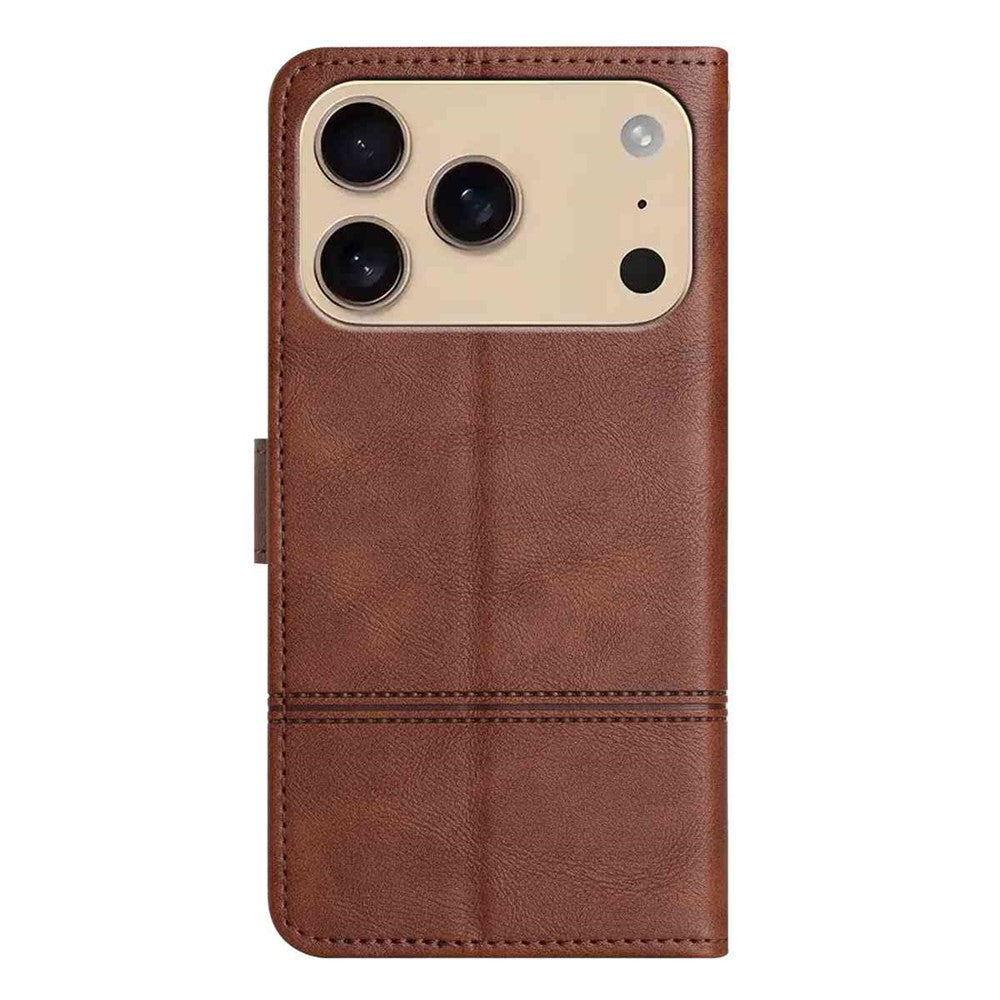 For iPhone 17 Pro Max Wallet Case Line Imprinted Cowhide Texture PU Leather Phone Cover - Coffee
