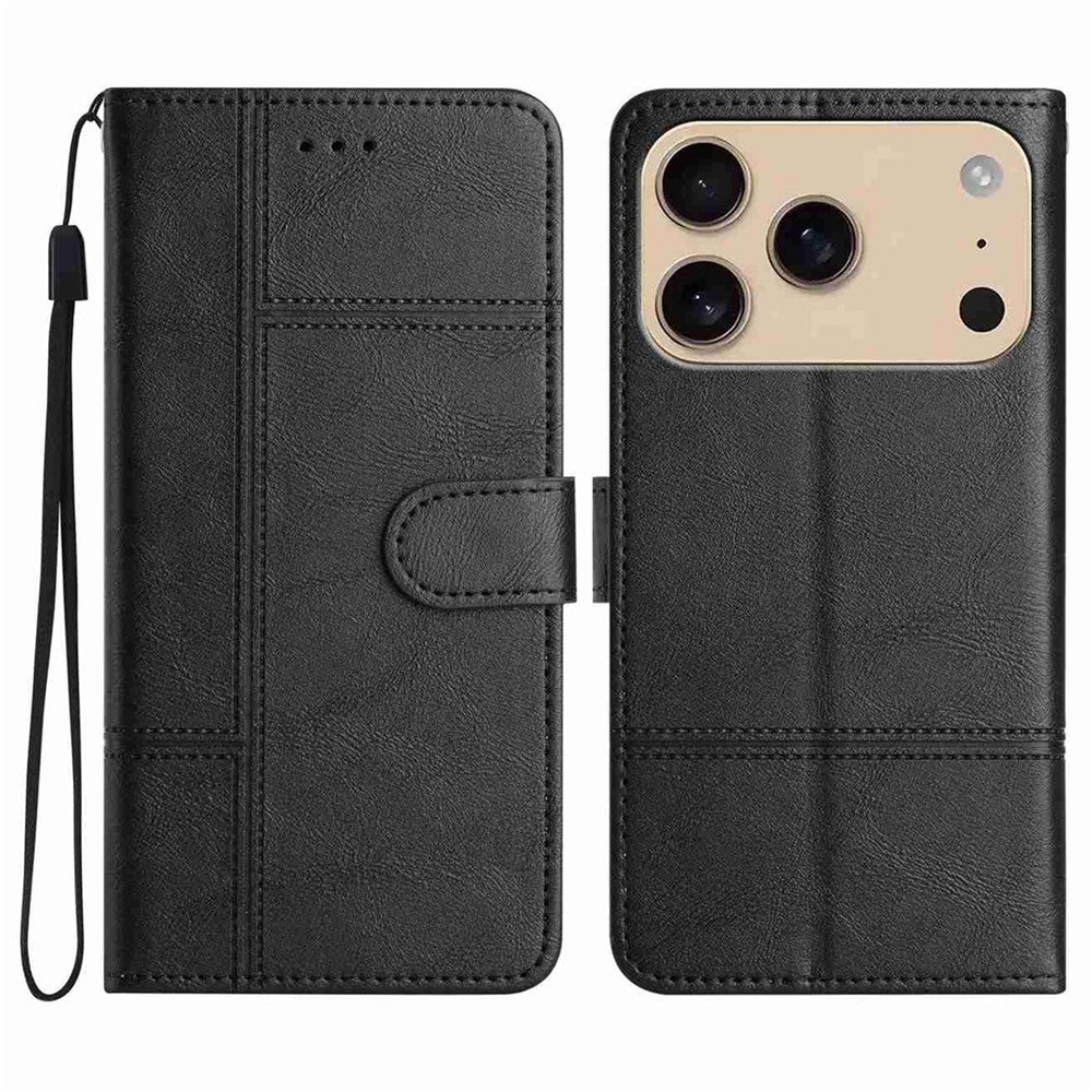 For iPhone 17 Pro Max Wallet Case Line Imprinted Cowhide Texture PU Leather Phone Cover - Black