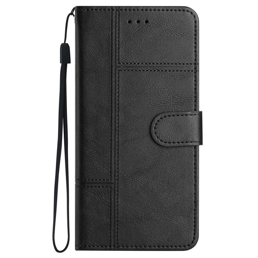 For iPhone 17 Pro Max Wallet Case Line Imprinted Cowhide Texture PU Leather Phone Cover - Black