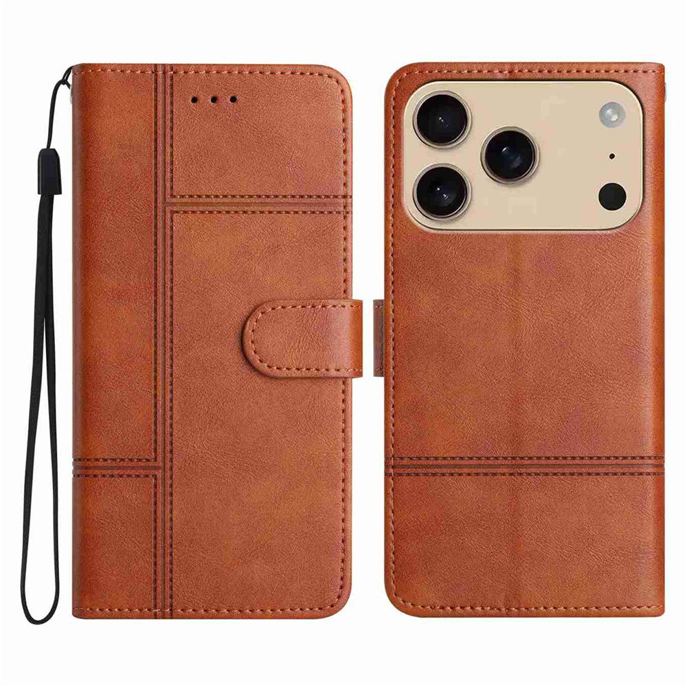 For iPhone 17 Pro Max Wallet Case Line Imprinted Cowhide Texture PU Leather Phone Cover - Brown