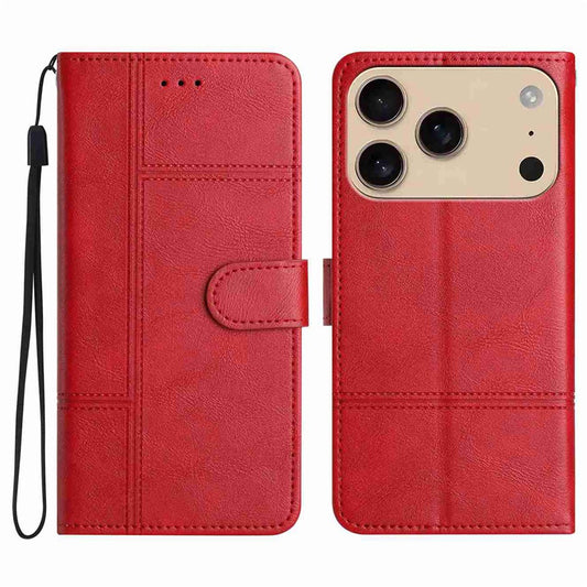 For iPhone 17 Pro Max Wallet Case Line Imprinted Cowhide Texture PU Leather Phone Cover - Red