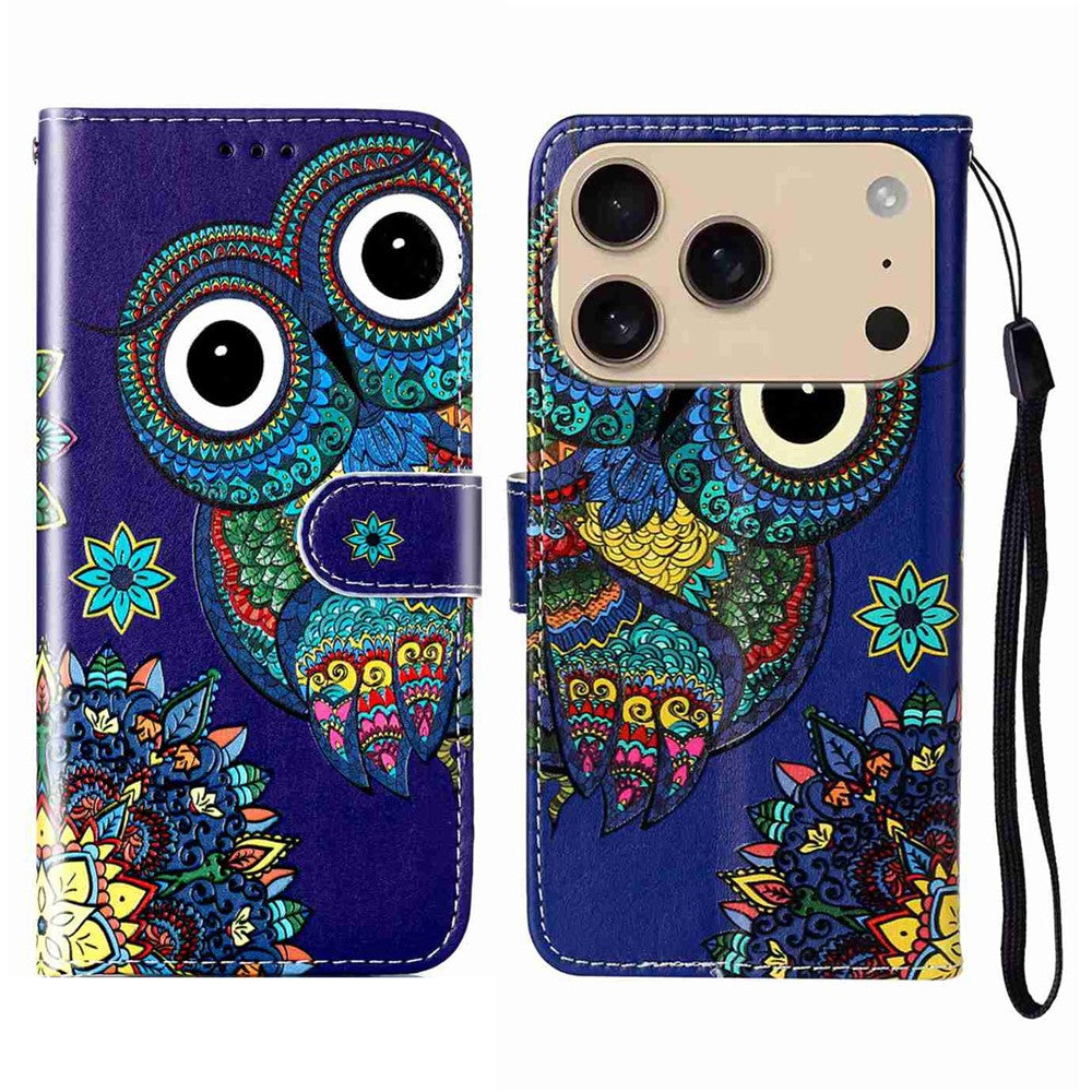 For iPhone 17 Pro Max Case Pattern Leather Wallet Phone Cover with Strap - Blue Owl