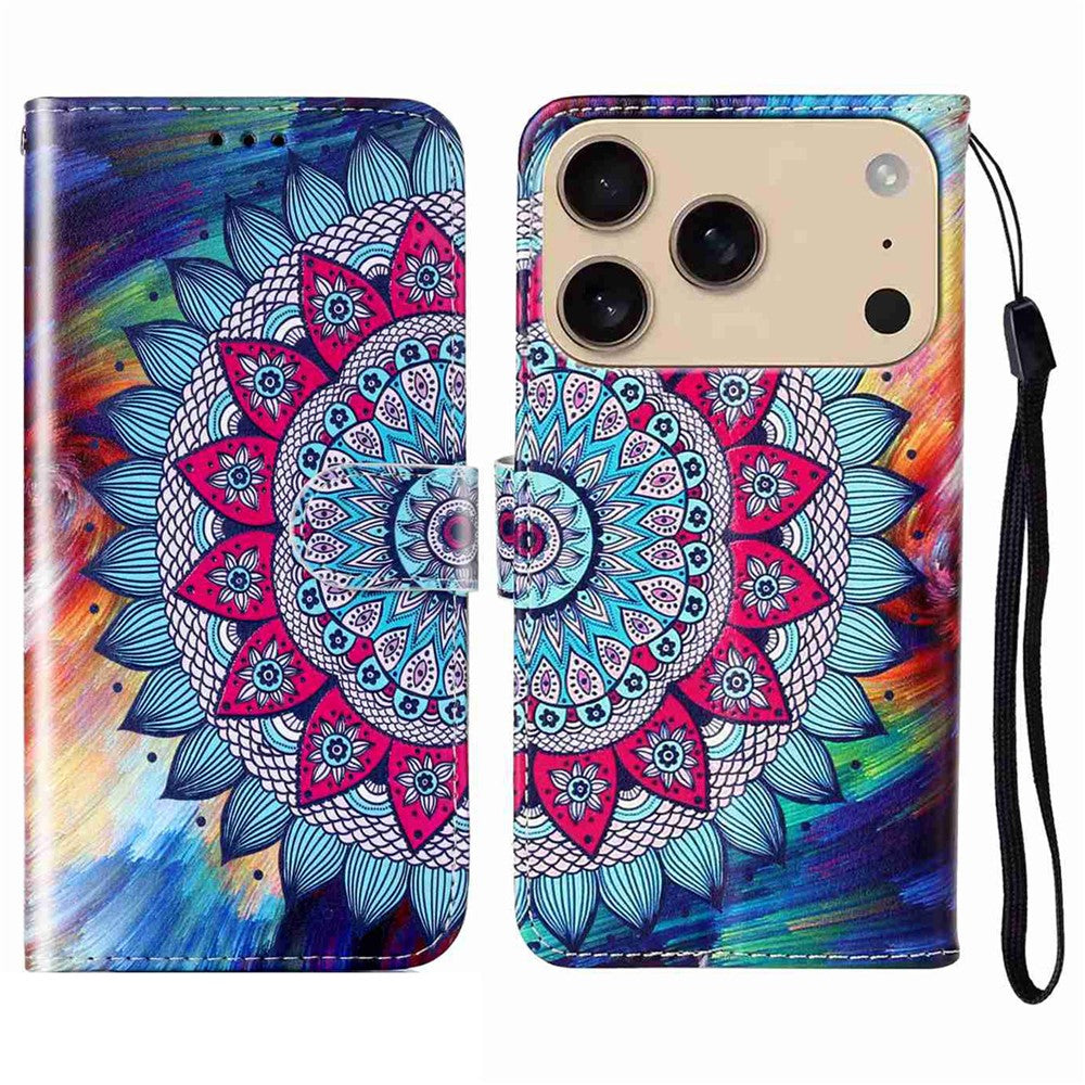 For iPhone 17 Pro Max Case Pattern Leather Wallet Phone Cover with Strap - Mandala Flower