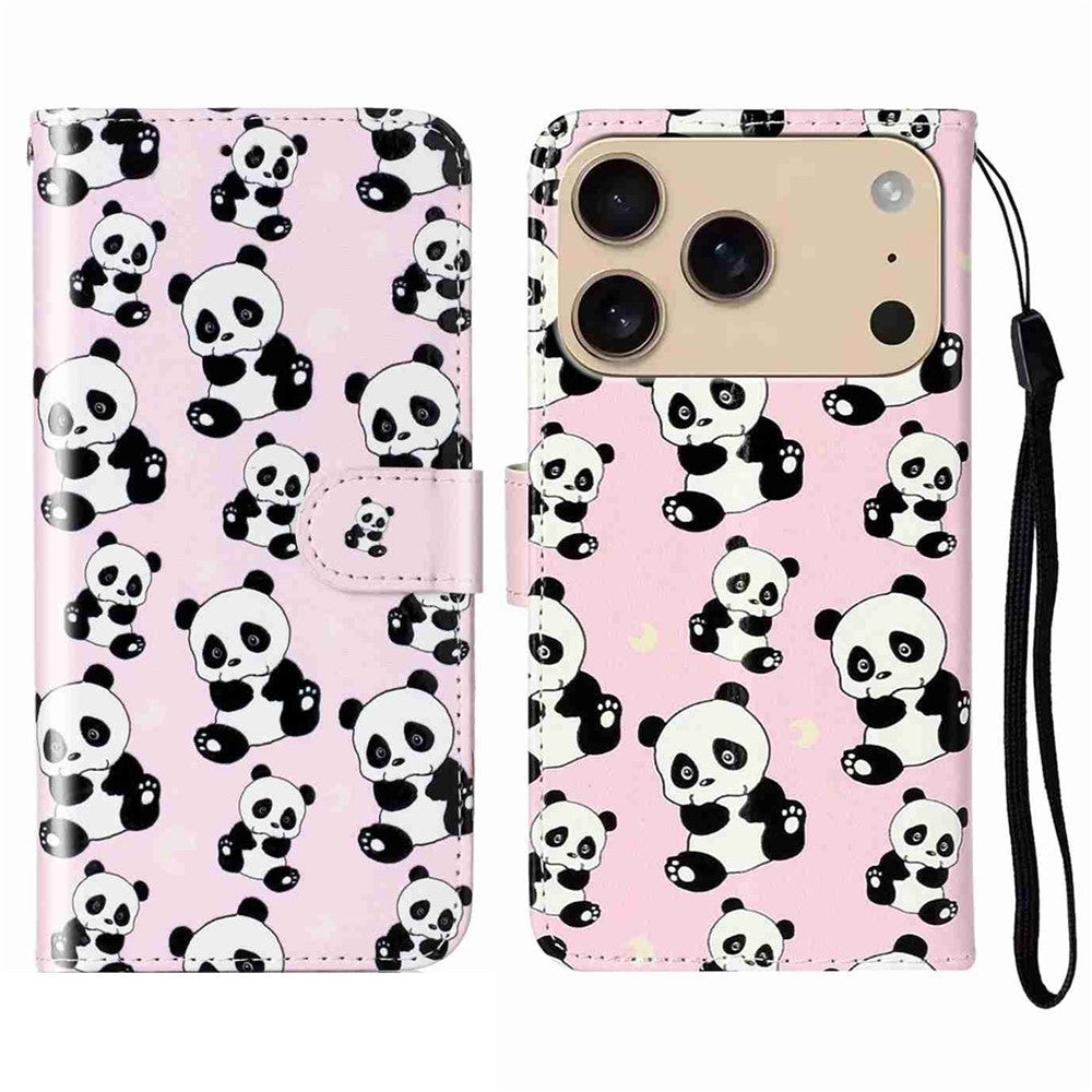 For iPhone 17 Pro Max Case Pattern Leather Wallet Phone Cover with Strap - Panda
