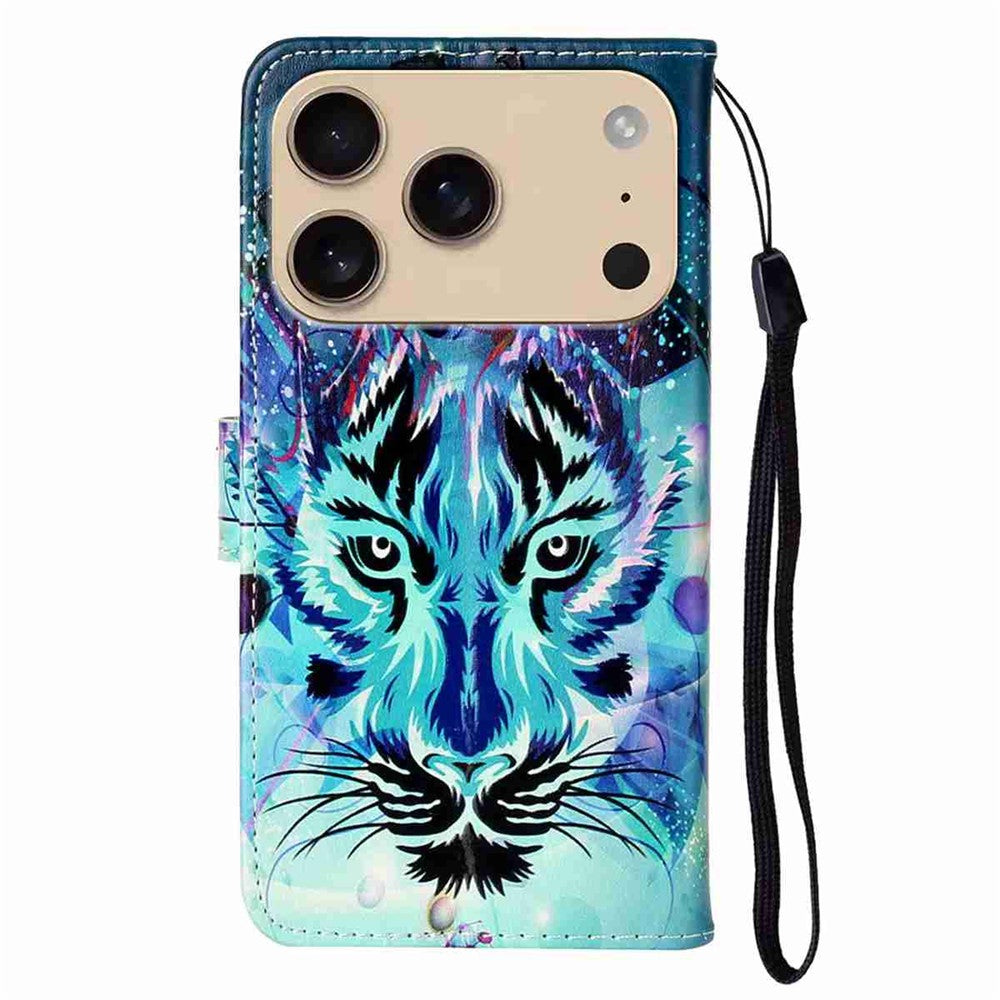 For iPhone 17 Pro Max Case Pattern Leather Wallet Phone Cover with Strap - Wolf